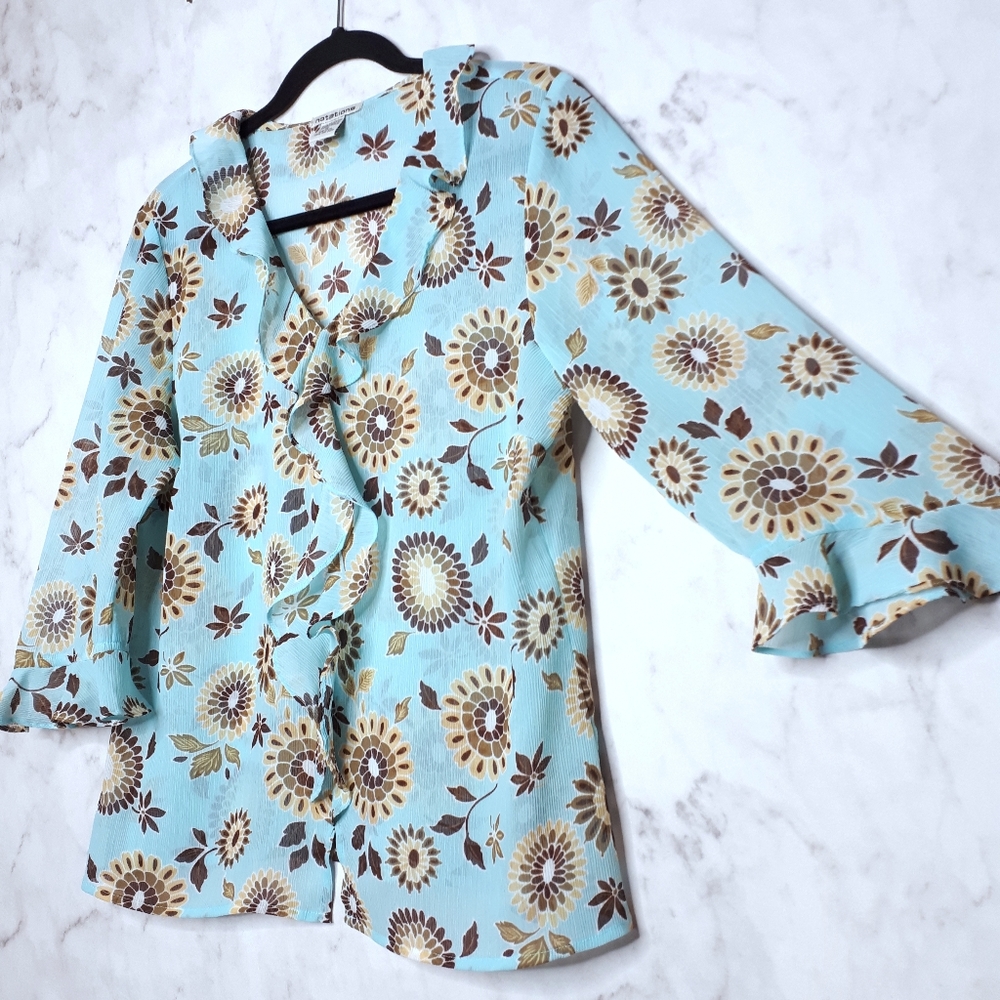 Notations Ruffle Collar Blouse Floral Top Blue M